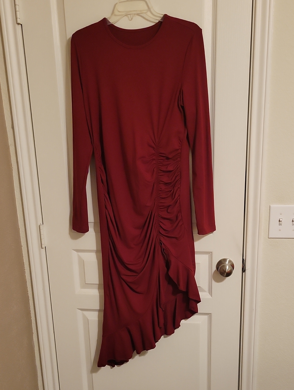 Long Sleeve Ruched Asymmetric Dress - Burgundy